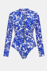 One-Piece Swimsuit With Zipper And Blue Willow Print UPF50+ Rash Guard