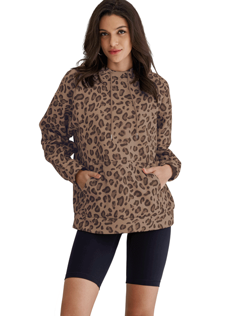 Leopard Print Hooded Oversized Comfort Sweatshirt with Pocket