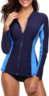 Shades of Blue Color-Block Long Sleeve Swim Shirt UPF50+ Rash Guard