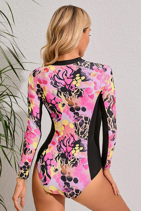 Pink Printed Zipper Patchwork One Piece Swimsuit Long Sleeve UPF50+ Rash Guard