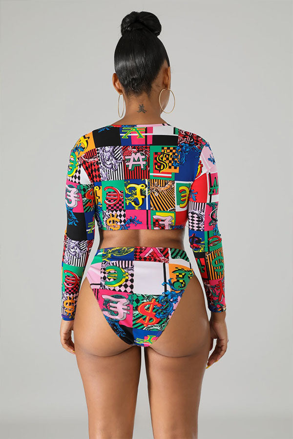 Block Print Bathing Suit Zipper Up Crop Long Sleeved