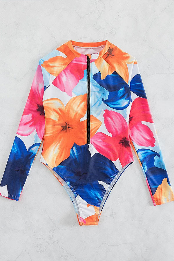 Chic Floral One-Piece Half-Zip Crew Neck Long Sleeve Swimsuit UPF50+ Rash Guard
