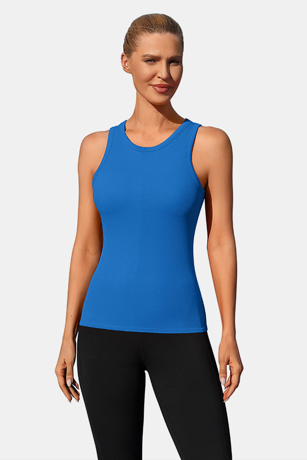 Blue High Neck Full Back Seamless Tight Fit Ribbed Tank Top