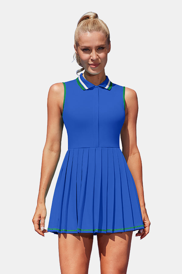 Women Tennis Polo Dresses Ribbed Half Zip Pleated Blue Golf Workout Dress with Built in Shorts and Bra - M Women Tennis Polo Dresses Ribbed Half Zip Pleated Blue Golf Workout Dress with Built in Shorts and Bra - M