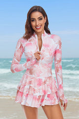 One-Piece Long Sleeve UPF50+ Ruffle Skirt Swim Suit, Pink/Size M