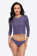 Stripe Ruffle Long Sleeve UPF50+ Cropped Rash Guard With Bottom-Attraco | Fashion Outdoor Clothing