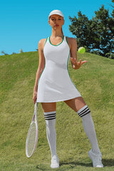 Women's Tennis Dress with Shorts Pockets and Bra V Neck Racerback White Golf Outfits