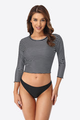 Stripe Ruffle Long Sleeve UPF50+ Cropped Rash Guard With Bottom-Attraco | Fashion Outdoor Clothing