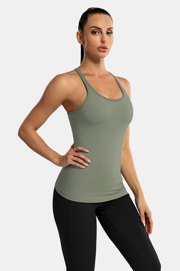 Army Green Racerback Scoop Neck Athletic Top Hip Length Ribbed Workout Tank Tops