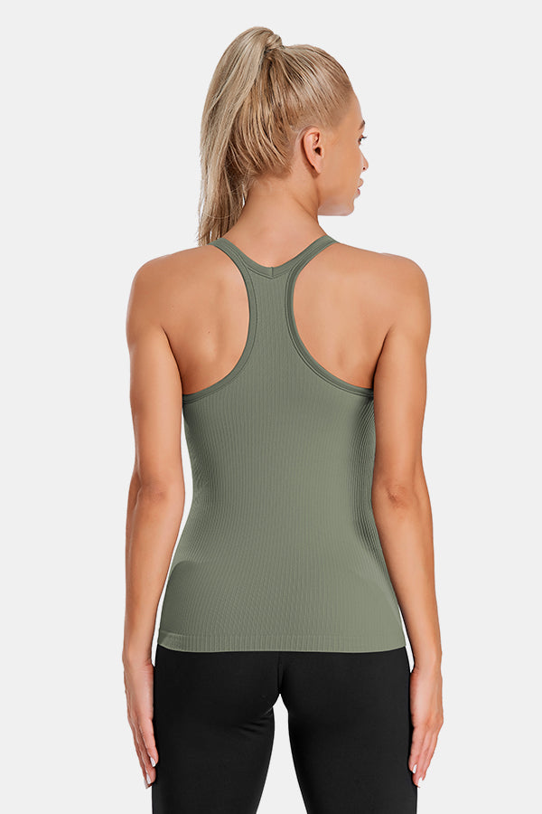 Army Green Racerback Scoop Neck Athletic Top Hip Length Ribbed Workout Tank Tops