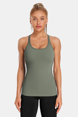 Army Green Racerback Scoop Neck Athletic Top Hip Length Ribbed Workout Tank Tops