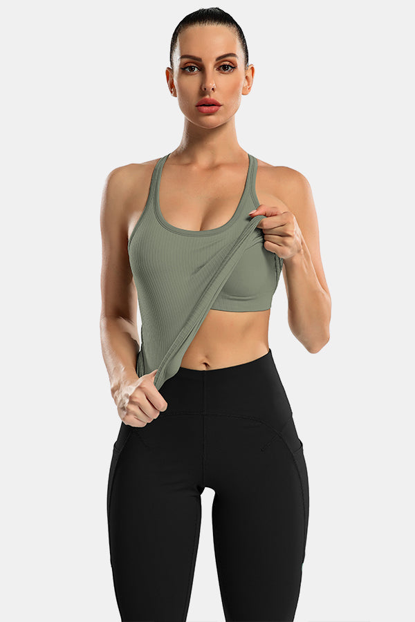 Army Green Racerback Scoop Neck Athletic Top Hip Length Ribbed Workout Tank Tops