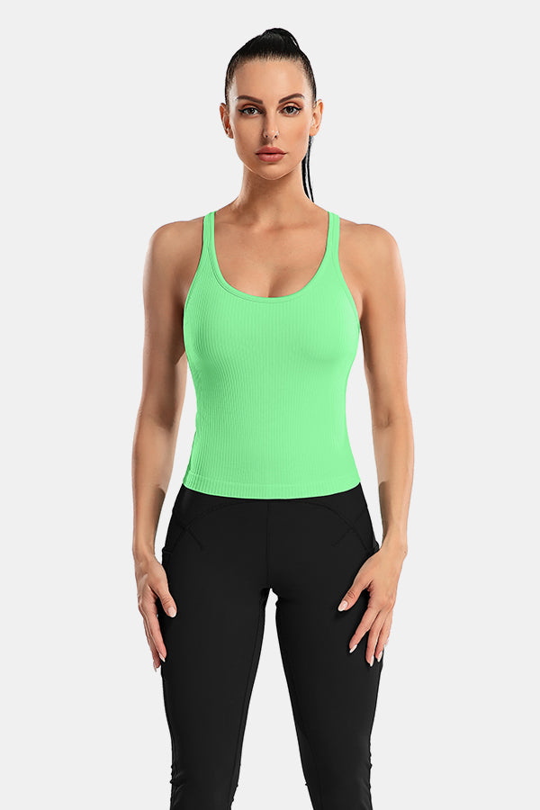 Mint Green Scoop Neck Racerback Waist Length Ribbed Workout Crop Tops Tank Top