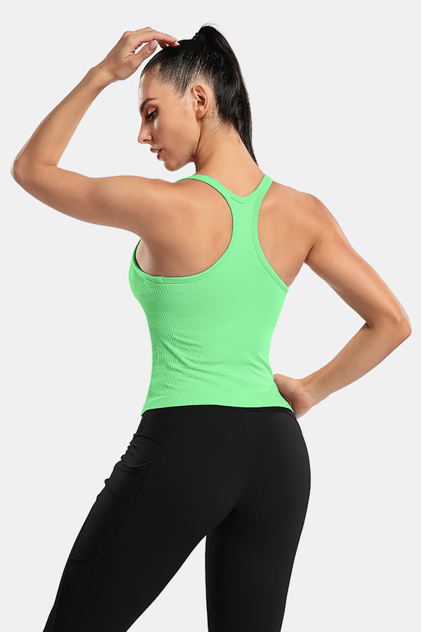 Mint Green Scoop Neck Racerback Waist Length Ribbed Workout Crop Tops Tank Top