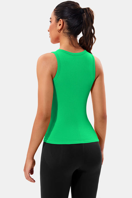 Green High Neck Full Back Seamless Tight Fit Ribbed Tank Top