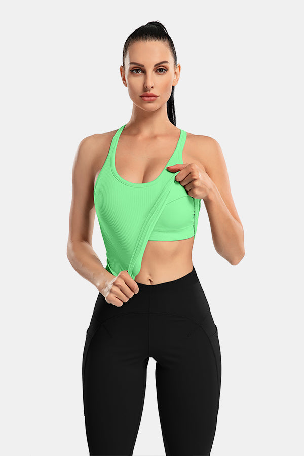 Mint Green Scoop Neck Racerback Waist Length Ribbed Workout Crop Tops Tank Top