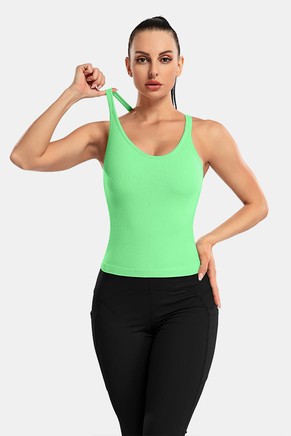 Mint Green Scoop Neck Racerback Waist Length Ribbed Workout Crop Tops Tank Top