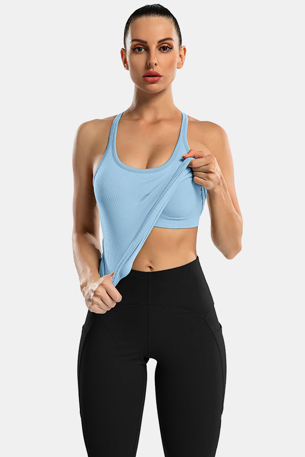 Light Blue Racerback Scoop Neck Athletic Top Hip Length Ribbed Workout Tank Tops