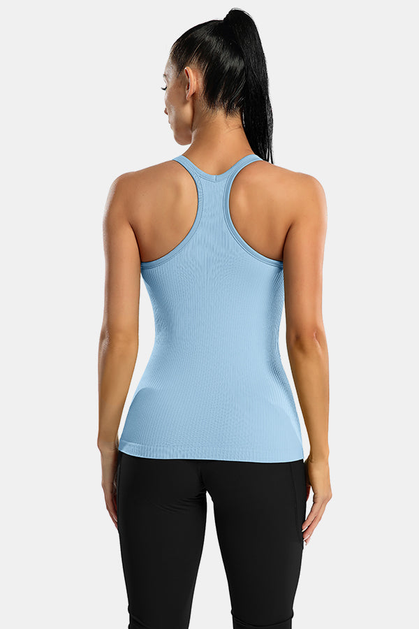 Light Blue Racerback Scoop Neck Athletic Top Hip Length Ribbed Workout Tank Tops