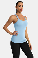 Light Blue Racerback Scoop Neck Athletic Top Hip Length Ribbed Workout Tank Tops