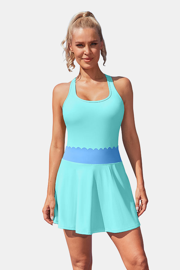 Women's Tennis Dress with Built-in Shorts Scalloped Aqua Golf Dress Racerback Athletic Skirts, Blue/Size L Women's Tennis Dress with Built-in Shorts Scalloped Aqua Golf Dress Racerback Athletic Skirts, Blue/Size L