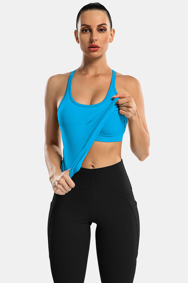 Blue Racerback Scoop Neck Athletic Top Hip Length Ribbed Workout Tank Tops