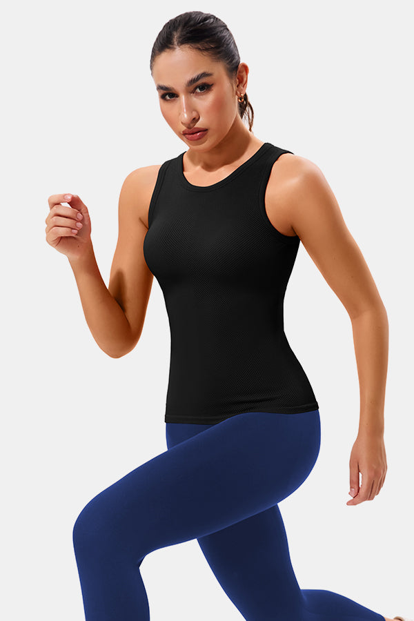 Black High Neck Full Back Seamless Tight Fit Ribbed Tank Top