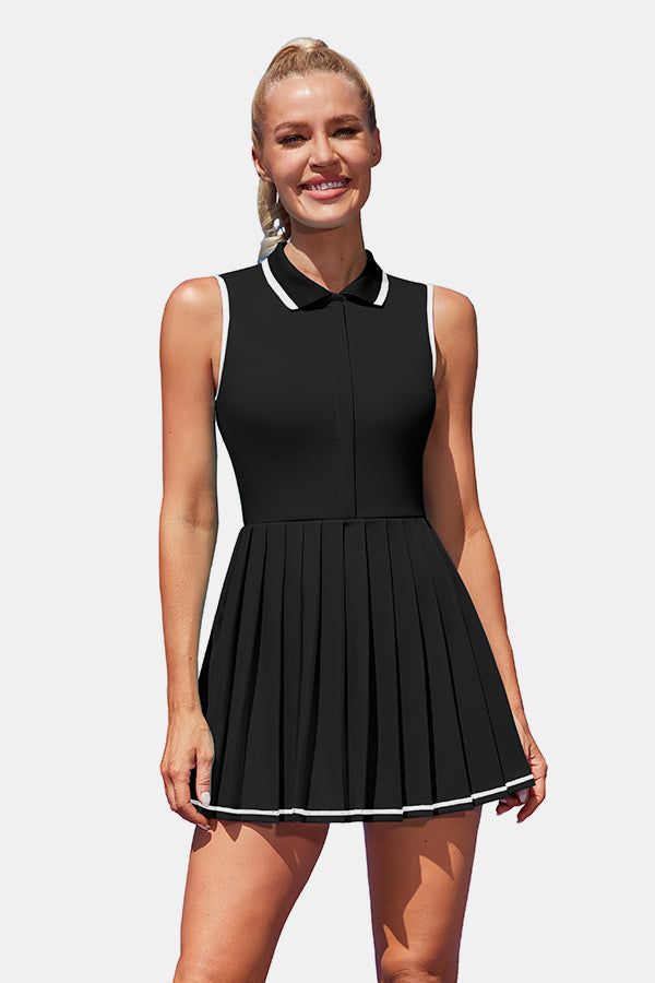 Women Tennis Polo Dresses Ribbed Half Zip Pleated Black Golf Workout Dress