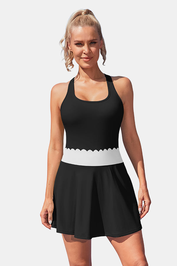 Vestido de tenis para mujer con pantalones cortos incorporados Vestido de golf negro festoneado Racerback Faldas atléticas