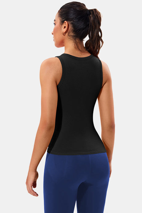 Black High Neck Full Back Seamless Tight Fit Ribbed Tank Top