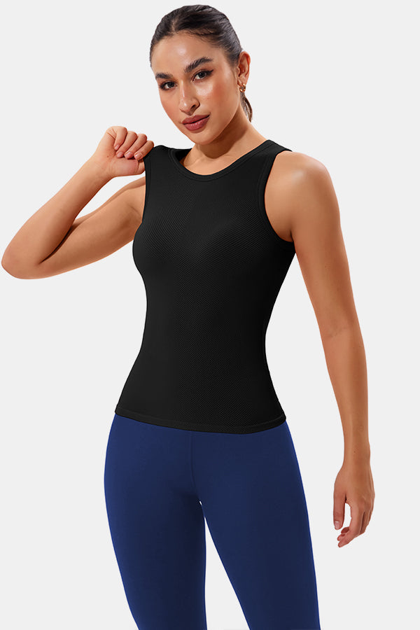 Black High Neck Full Back Seamless Tight Fit Ribbed Tank Top