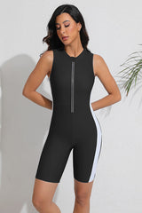 Quick Dry Black White Block One-Piece Zipper Boyleg Sports Swimsuit