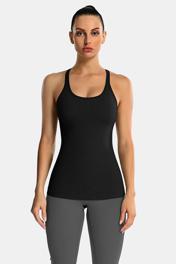 Black Racerback Scoop Neck Athletic Top Hip Length Ribbed Workout Tank Tops