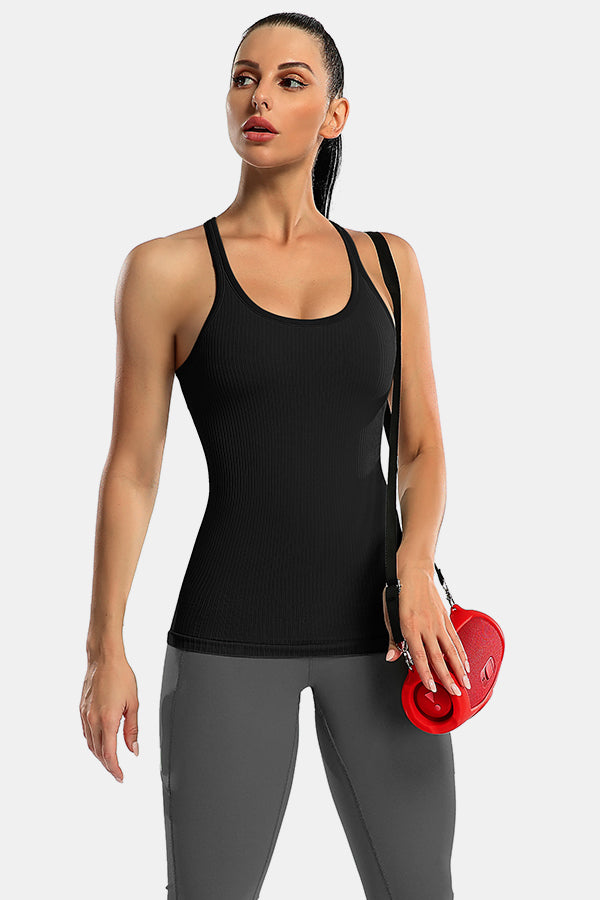 Black Racerback Scoop Neck Athletic Top Hip Length Ribbed Workout Tank Tops