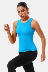 Blue High Neck Full Back Seamless Tight Fit Ribbed Tank Top