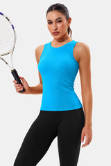 Blue High Neck Full Back Seamless Tight Fit Ribbed Tank Top