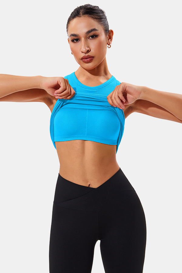 Blue High Neck Full Back Seamless Tight Fit Ribbed Tank Top