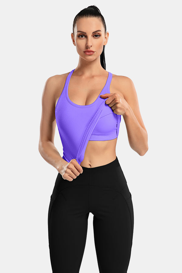 Women Ribbed Workout Crop Tops with Built in Bra Yoga Racerback