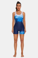 Womens Boyleg Ocean Wave Blue Racerback One Piece Swimsuit