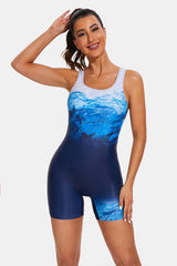 Womens Boyleg Ocean Wave Blue Racerback One Piece Swimsuit