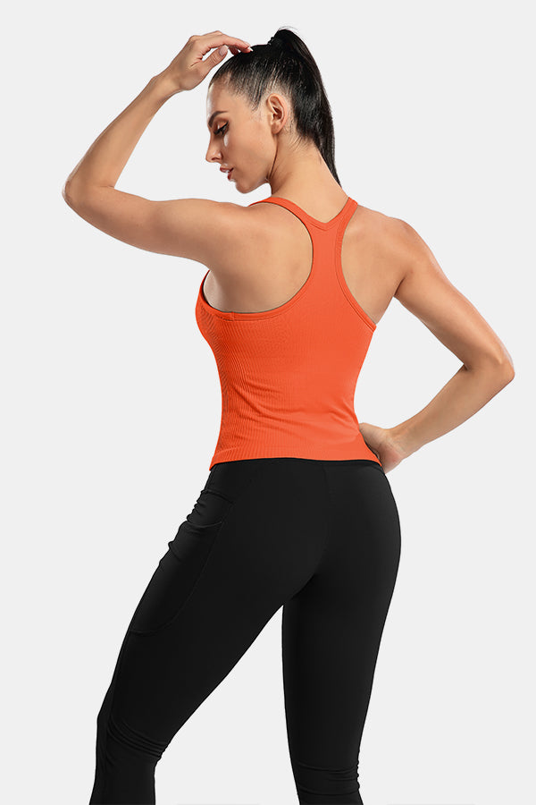 Orange Scoop Neck Racerback Waist Length Ribbed Workout Crop Tops Tank Top