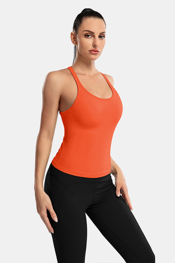 Orange Scoop Neck Racerback Waist Length Ribbed Workout Crop Tops Tank Top