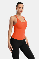 Orange Scoop Neck Racerback Waist Length Ribbed Workout Crop Tops Tank Top