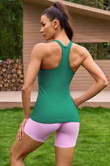 Green Racerback Scoop Neck Athletic Top Hip Length Ribbed Workout Tank Tops