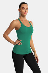 Green Racerback Scoop Neck Athletic Top Hip Length Ribbed Workout Tank Tops