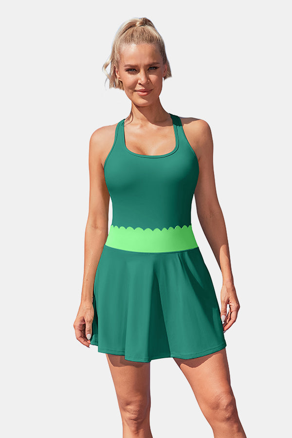 Women's Tennis Dress with Built-in Shorts Scalloped Green Golf Dress Racerback Athletic Skirts