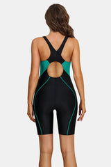 Women Boyleg Swimwear Racerback Athletic One Piece Dark Green Block Bathing Suits