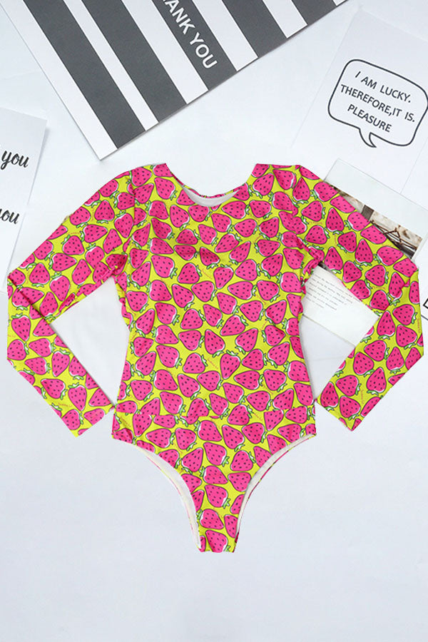 Strawberry Print Backless Long Sleeve UPF50+ Rash Guard | Attraco