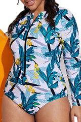 Plus Size Tropical Doodle Print Long Sleeve UPF50+ Rash Guard