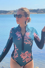 Green Floral Long Sleeve Half Zip UPF50+ Rash Guard